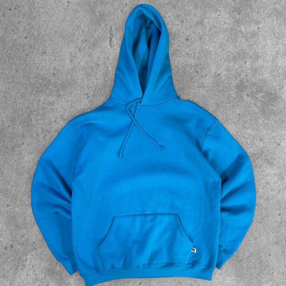 Vintage 90s Russell Athletic Royal blue turquoise hoodie Size L USA Cotton blank